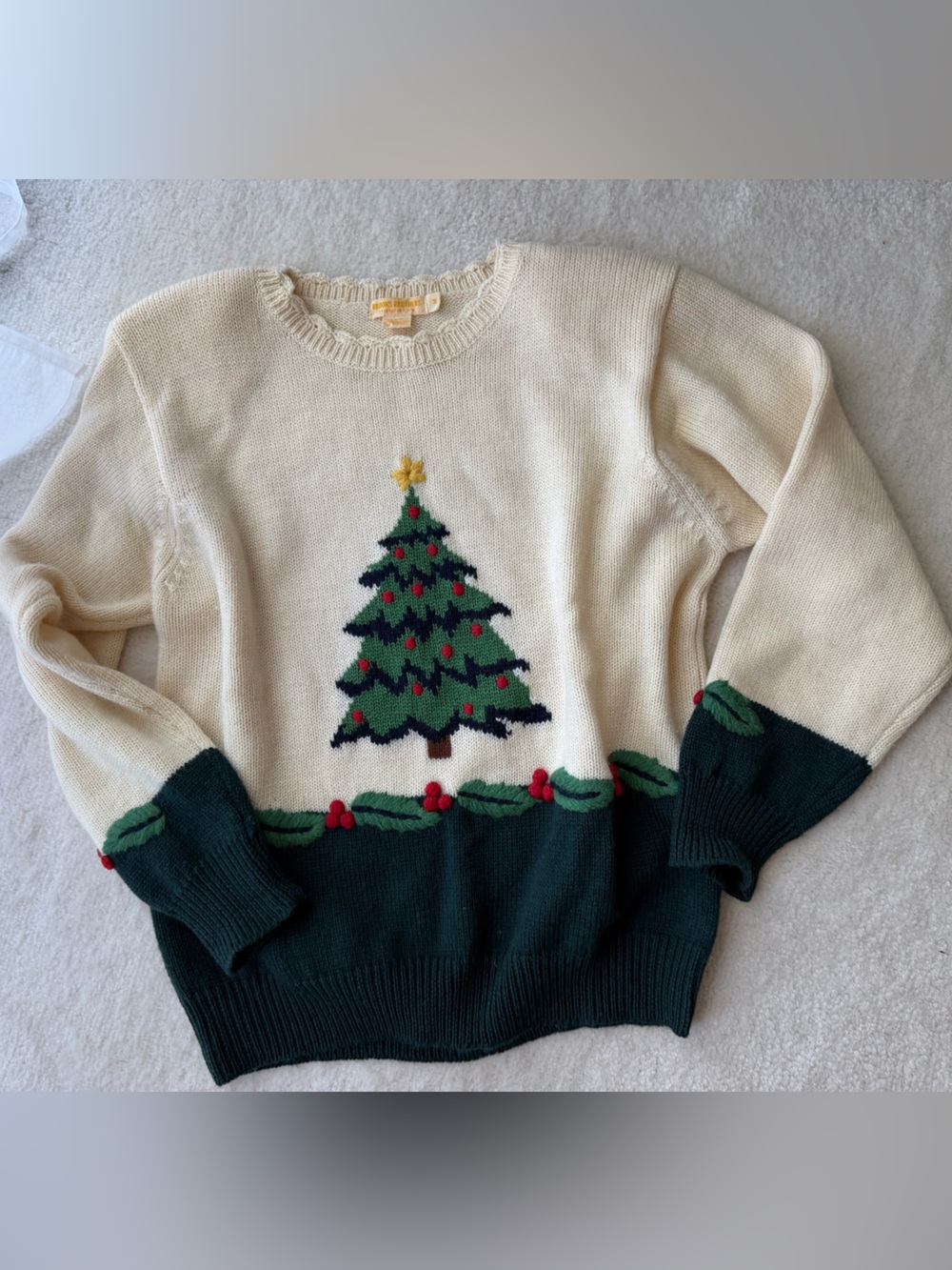 Brooks Brothers Vintage 100% Wool Cream and Green Christmas Tree Knit Sweater